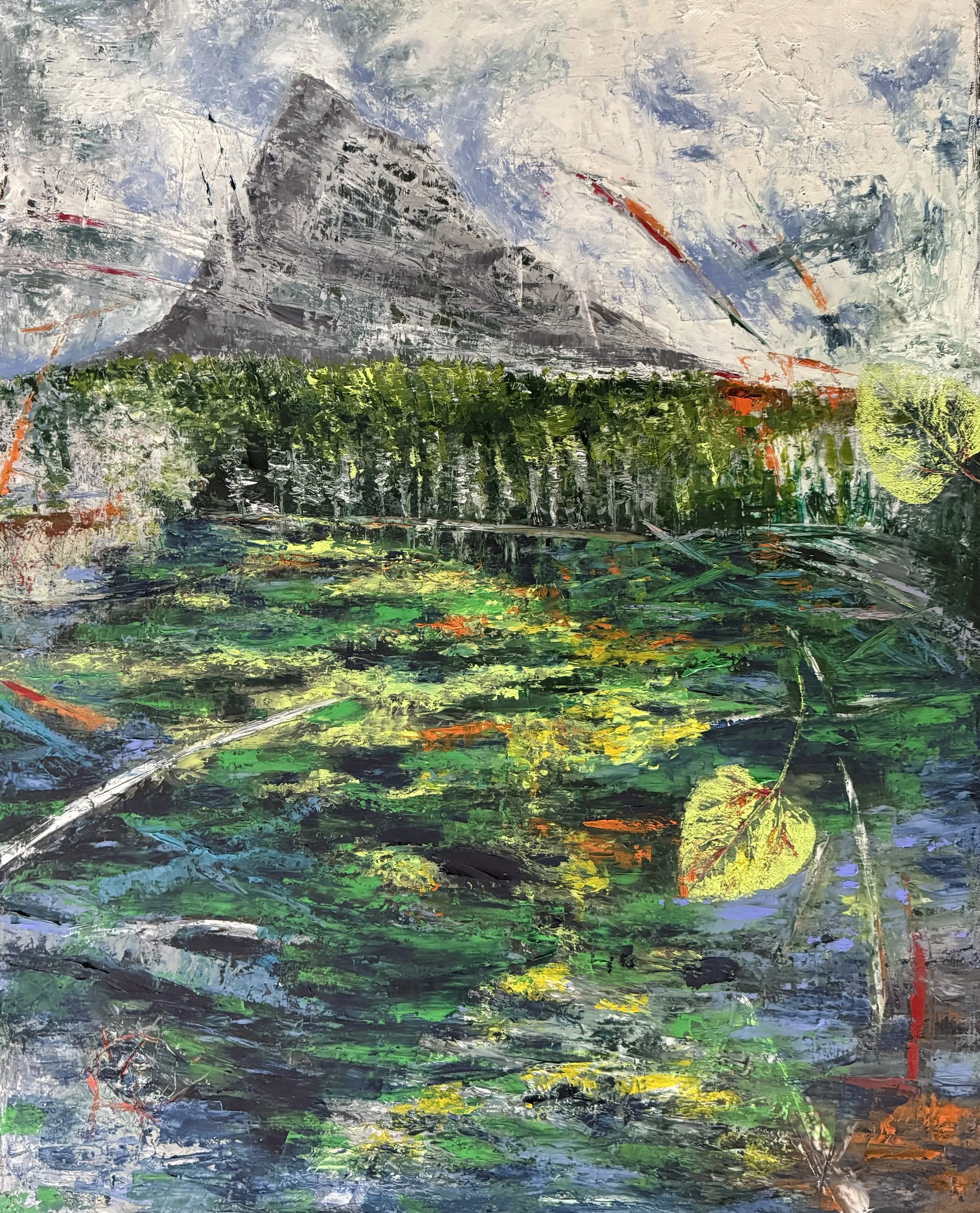 Kenetic frequencies of Grassi Lake Canmore - 3D Chromatic Oil painting - 24"x30"x2" -  "Where the ancient silence of the stone meets the high-frequency pulse of the alpine air, revealing a landscape that moves even when it is still."