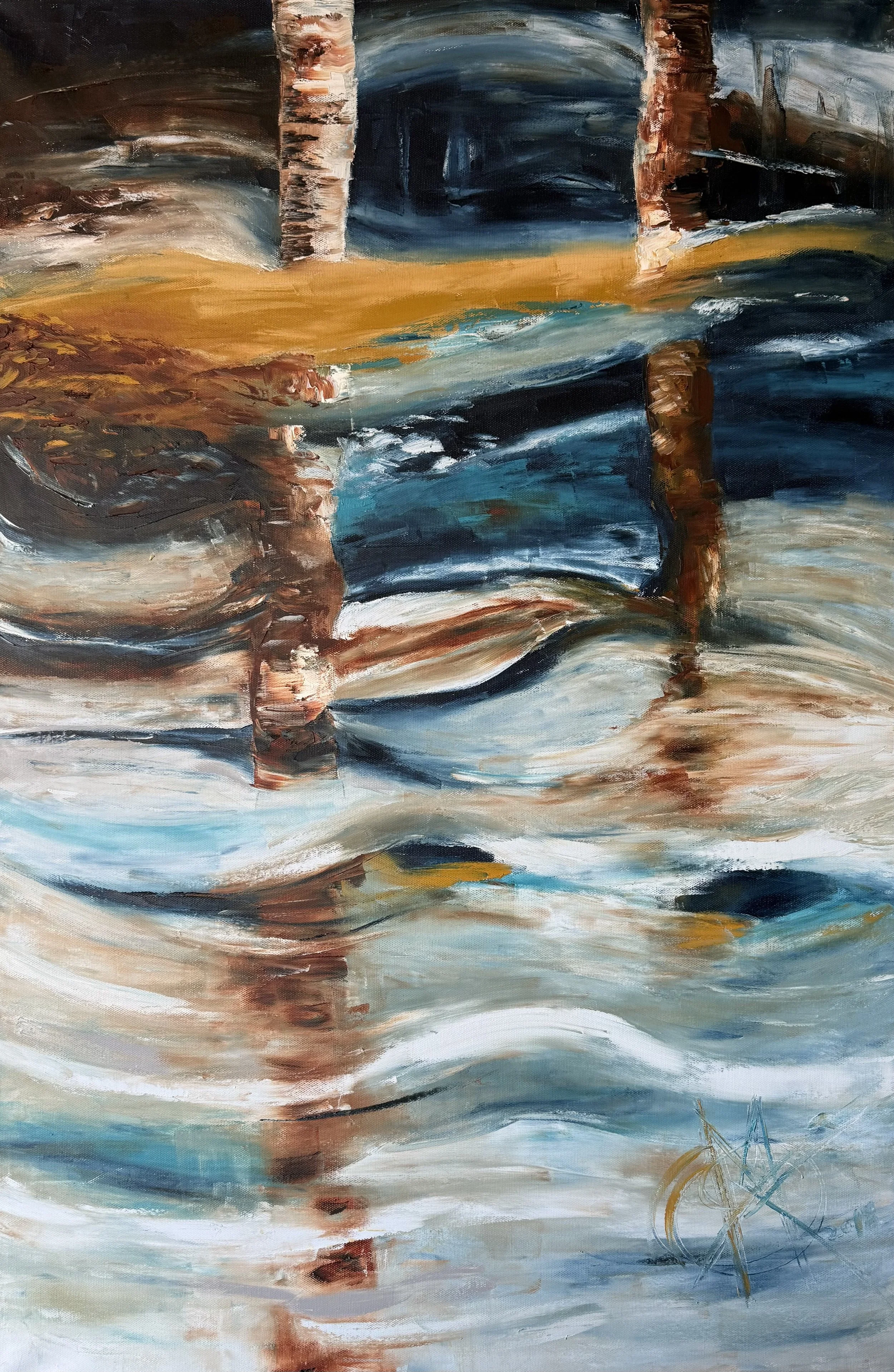 Flow - Oil painting - 37"x47"x2" - "A rhythmic surrender to the current, where the rooted strength of the birch meets the restorative grace of the water—reminding us that to grow is to flow with the world around us."