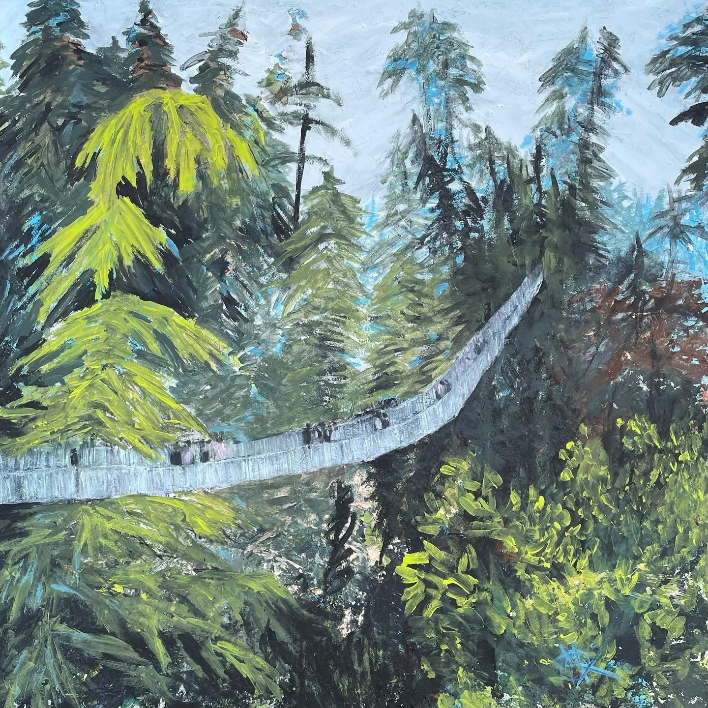 Walk on the wild side - Acrylic painting - 36"x36"x1" - "An invitation to vanish into the deep, lush emerald of the forest—where the giants of the wood turn even our grandest bridges into mere whispers of a path."