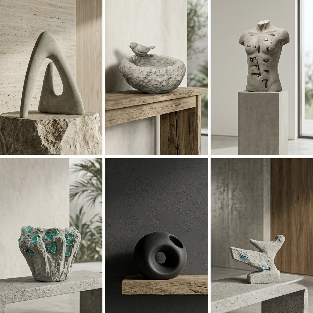 Flux, Bird bath, Torso, Shard, Seam, Direction (Cement and Clay) 