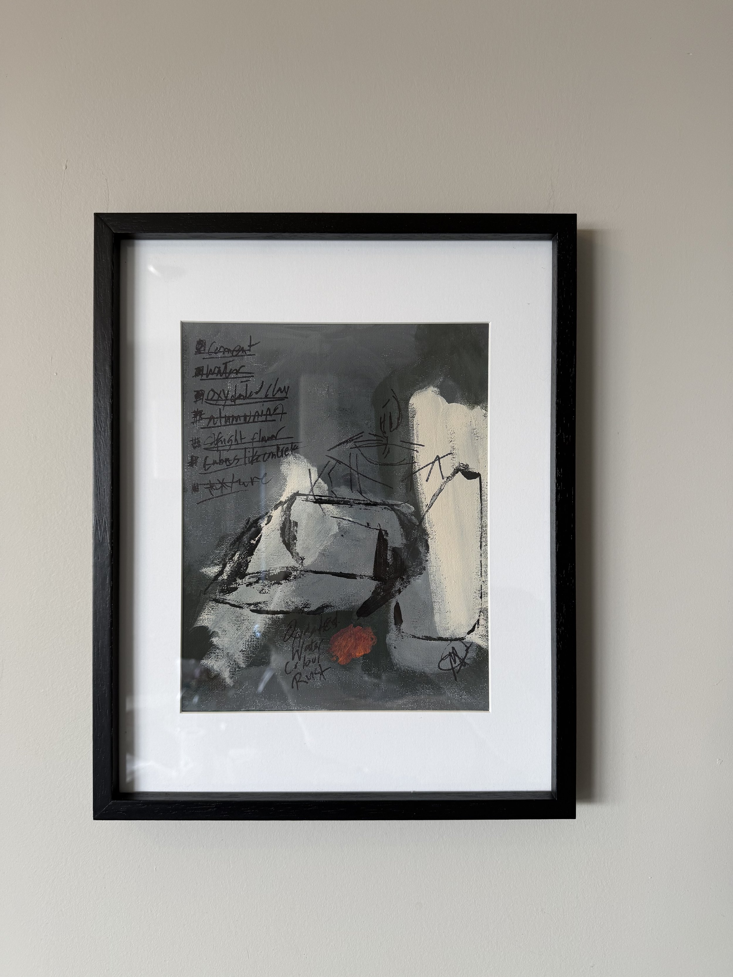 Oxydaze - 11.5"x14"x1" Framed Acrylic painting - "A meditation on the weight of the mountain brought to the studio floor, observing how the shifting light reveals the oxidized soul of the cement and the grounding spirit of the form."