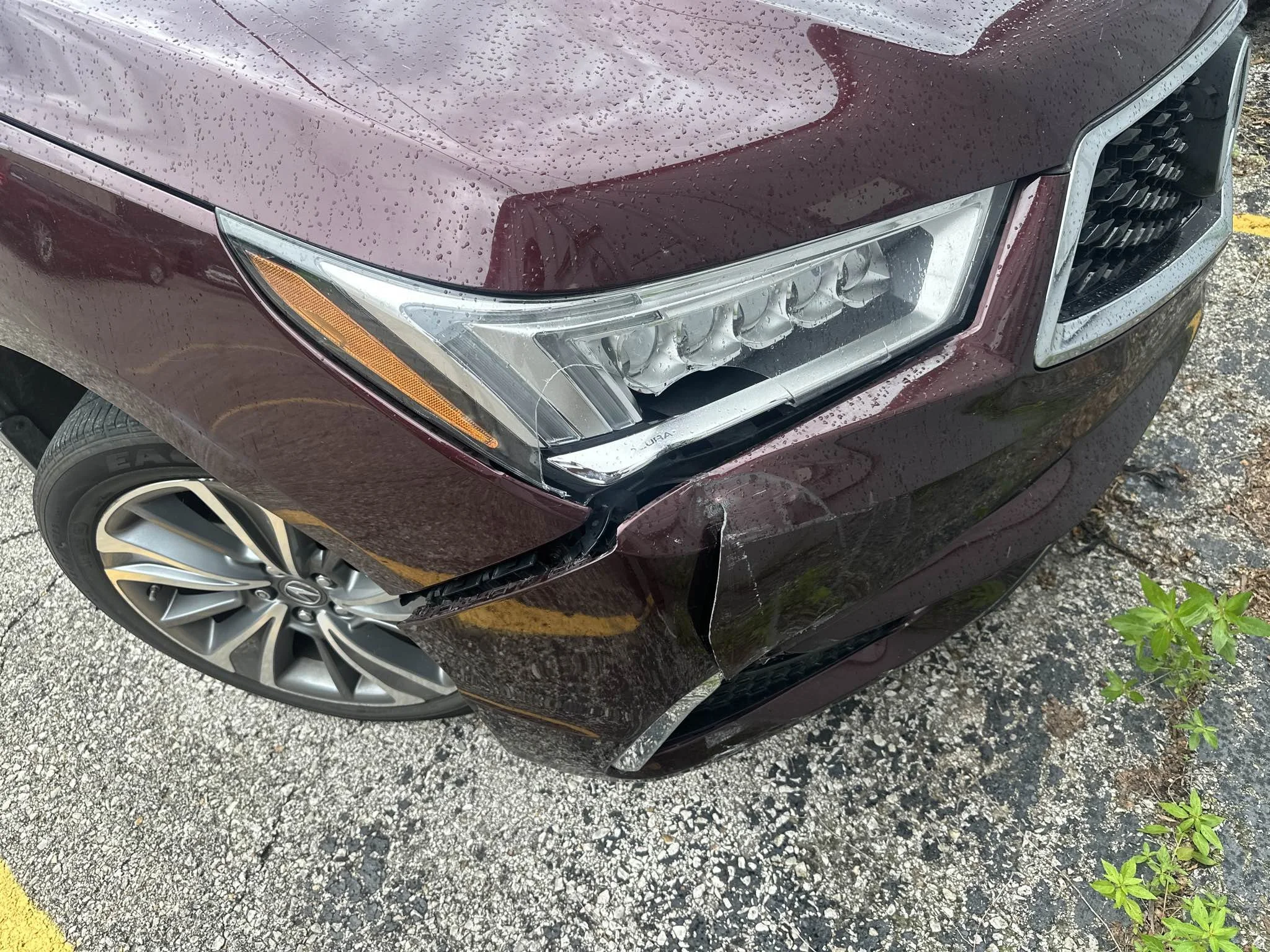 Close-up of the front part of a maroon-colored car, showing the headlight, part of the front grille, and a portion of the front wheel. Raindrops are visible on the car's surface.