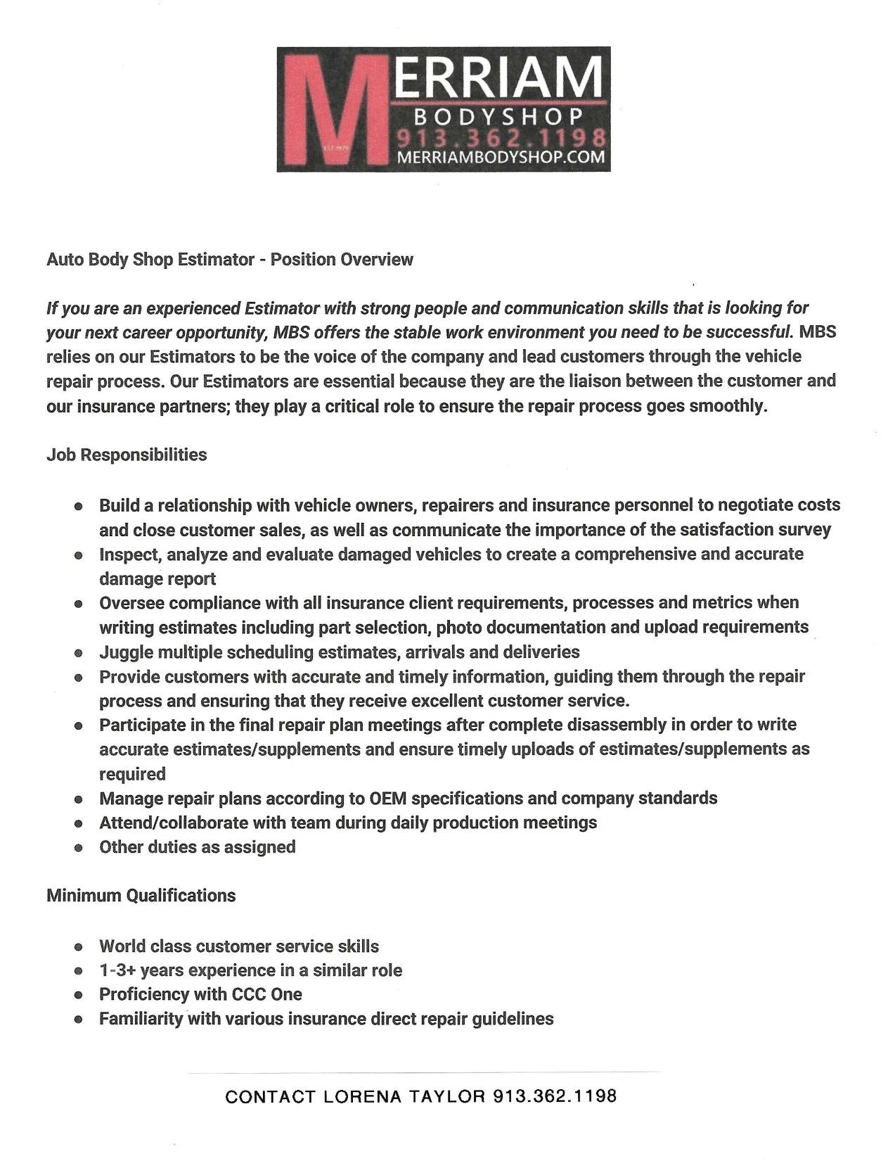 Positions Available — Merriam Body Shop