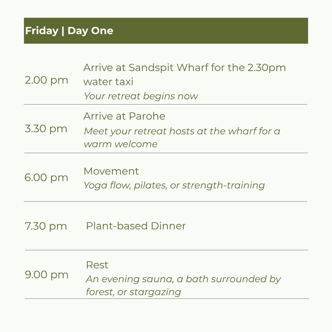 Sample Itinerary for Wellness Retreat on Kawau Island