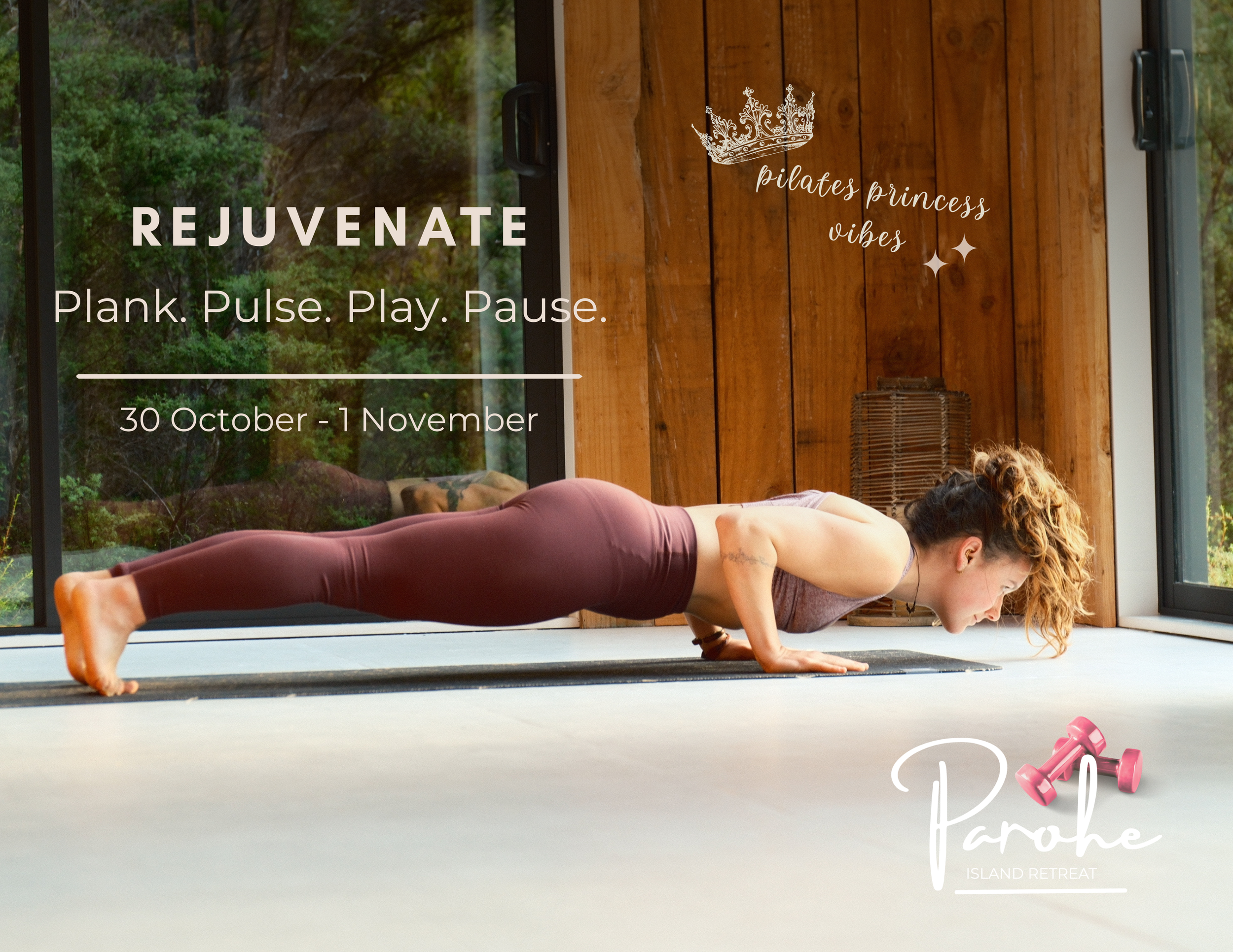 woman doing plank in a yoga studio surrounded by nature