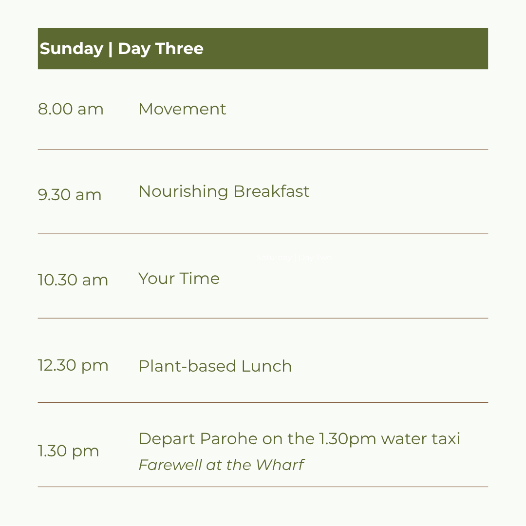 Sample Itinerary for Wellness Retreat on Kawau Island