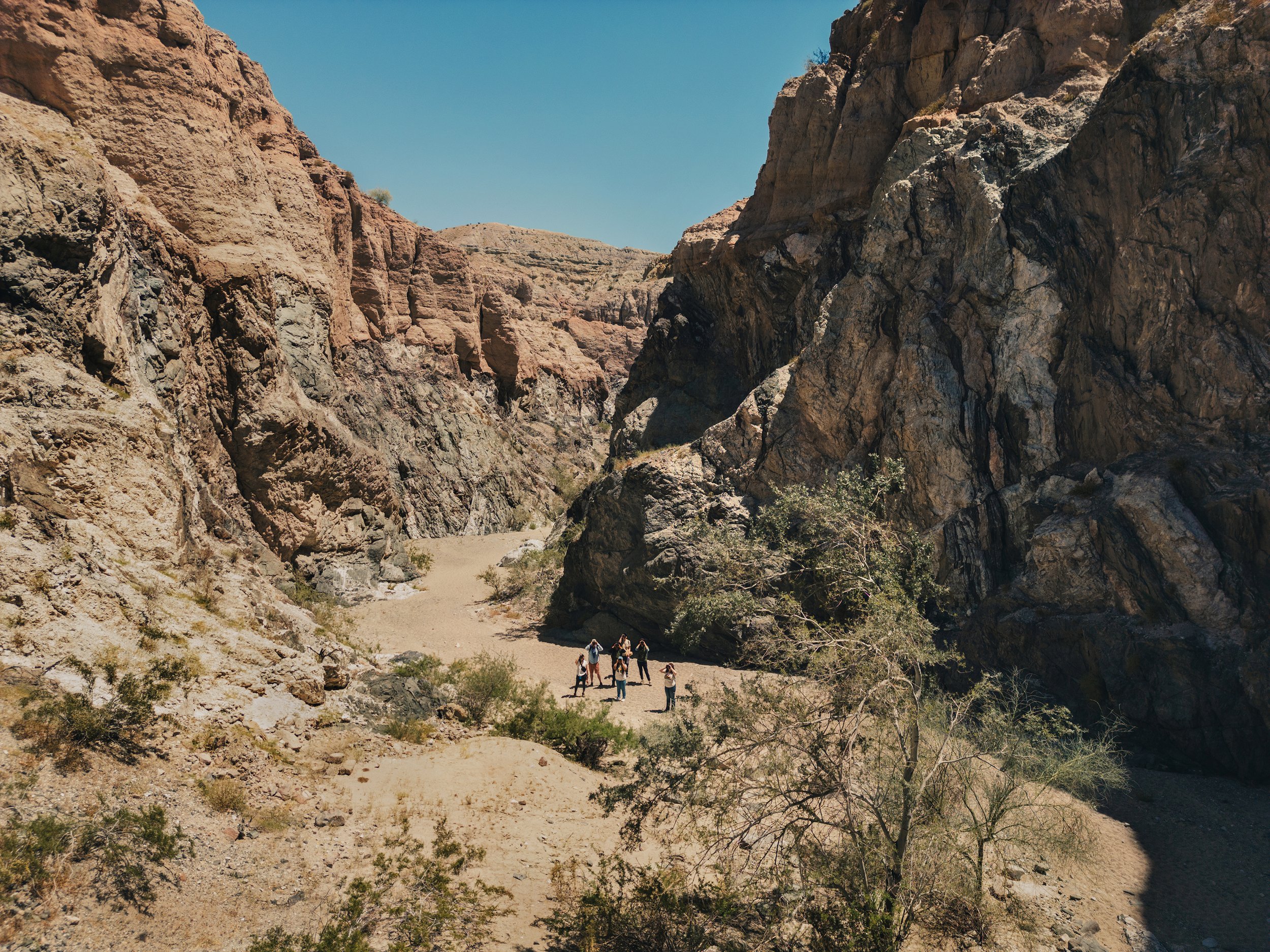 A group of people walking through a narrow desert canyon with tall, rugged rock walls and sparse vegetation, under a clear blue sky.