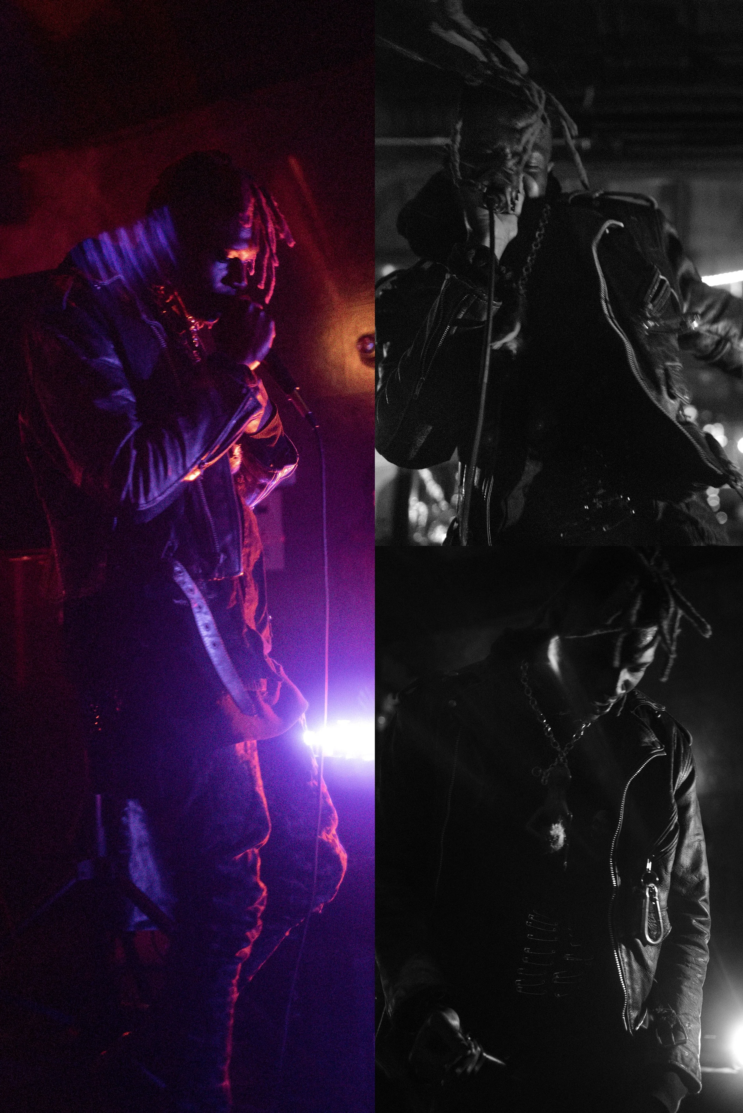 A collage of three images of a person with dreadlocks, wearing a leather jacket, speaking or singing into a microphone in a dark setting. The left image is in colored light with purple and red hues; the top right image is in black and white; and the 