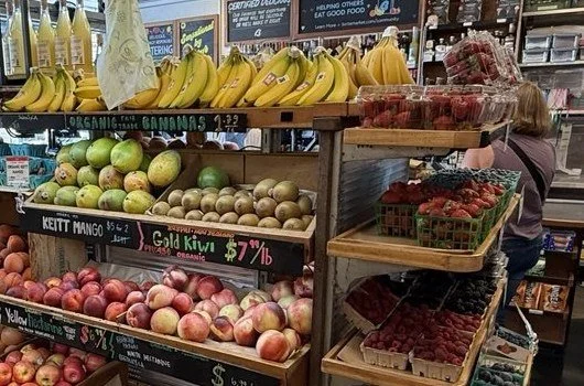 Fresh produce and organic bananas on display