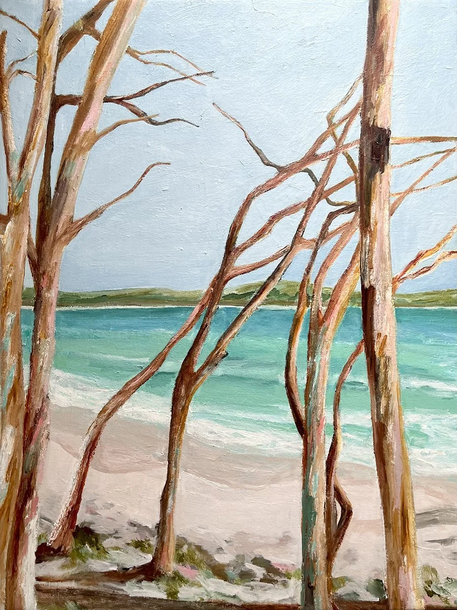 Painting of a beach scene with several barren trees near the shoreline, turquoise water, and a distant green land under a mostly clear sky.