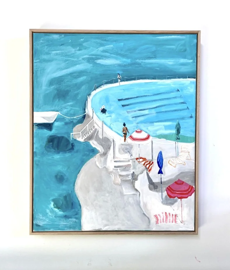 Painting of a coastal swimming pool with people, umbrellas, and stairs, surrounded by a blue ocean.