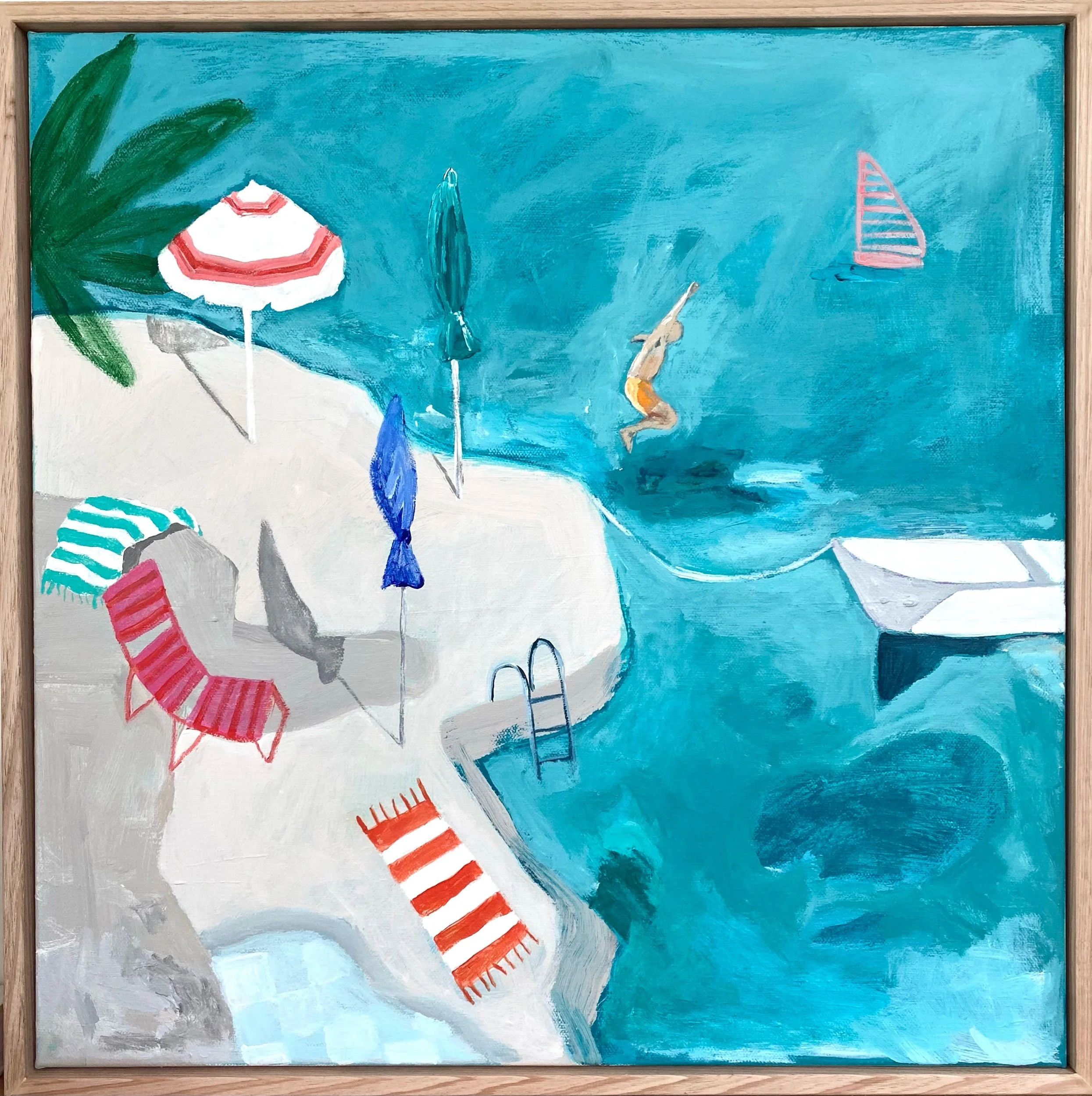 Painting of a poolside scene with a diver mid-jump, colorful lounge chairs, umbrellas, and a small boat in a blue-tinted water setting.