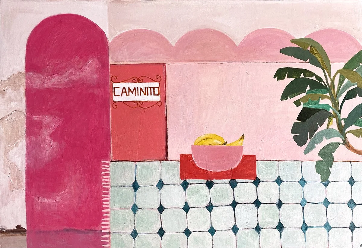 Abstract painting with pink and red arches, a sign reading 'CAMINITO,' a bowl of bananas, and a green plant on a checkered floor.