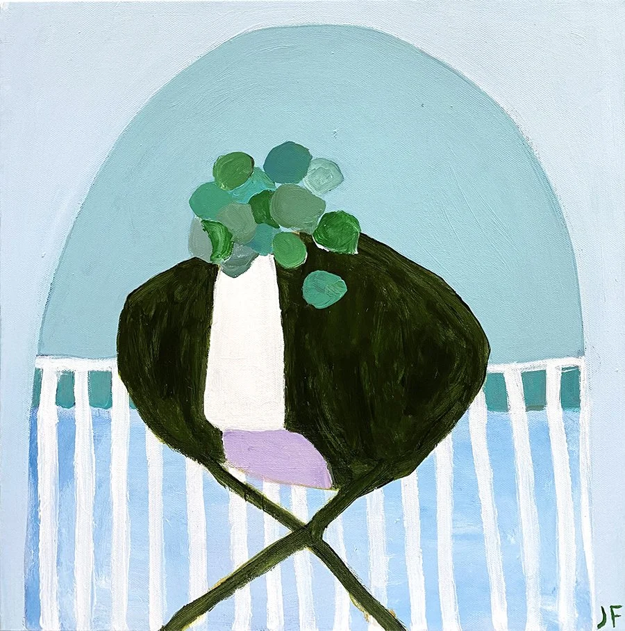 Abstract painting of a vase with green foliage on a striped surface and light blue background.