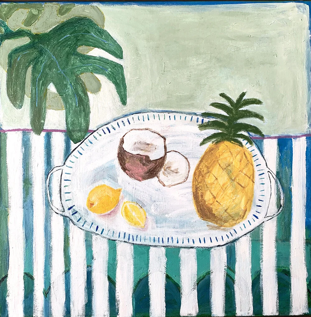 Painting of a table with a striped cloth featuring a tray holding a pineapple, coconut, and lemons, with large green leaves in the background.