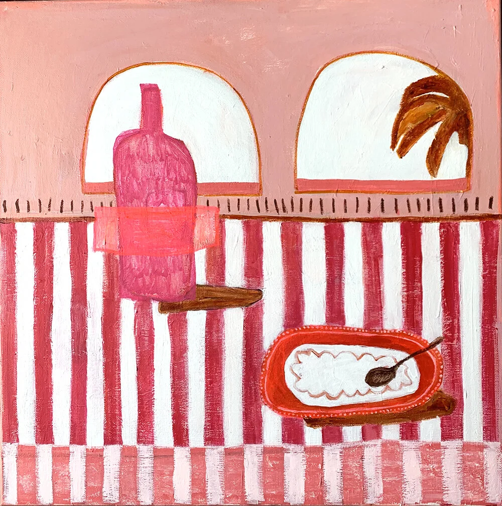 Abstract painting with a pink and red color scheme featuring a bottle-like shape, a dish with a spoon, and stylized windows or arches.