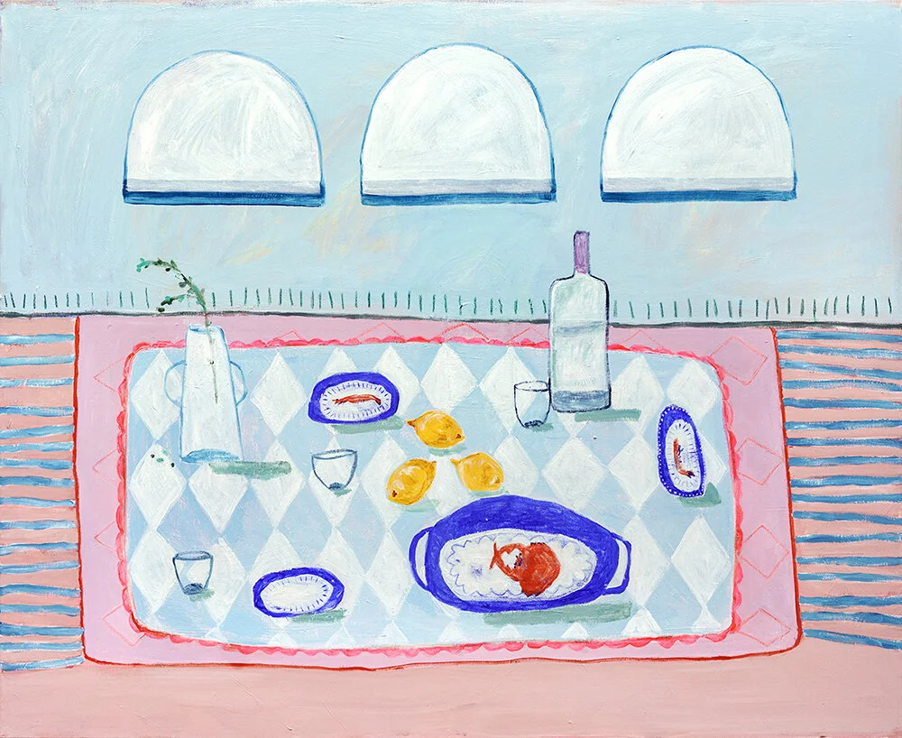 Painting of a table setting with a pattern tablecloth, dishes, lemons, a bottle, and glasses. Arched windows in the background. Artistic style is colorful and abstract.