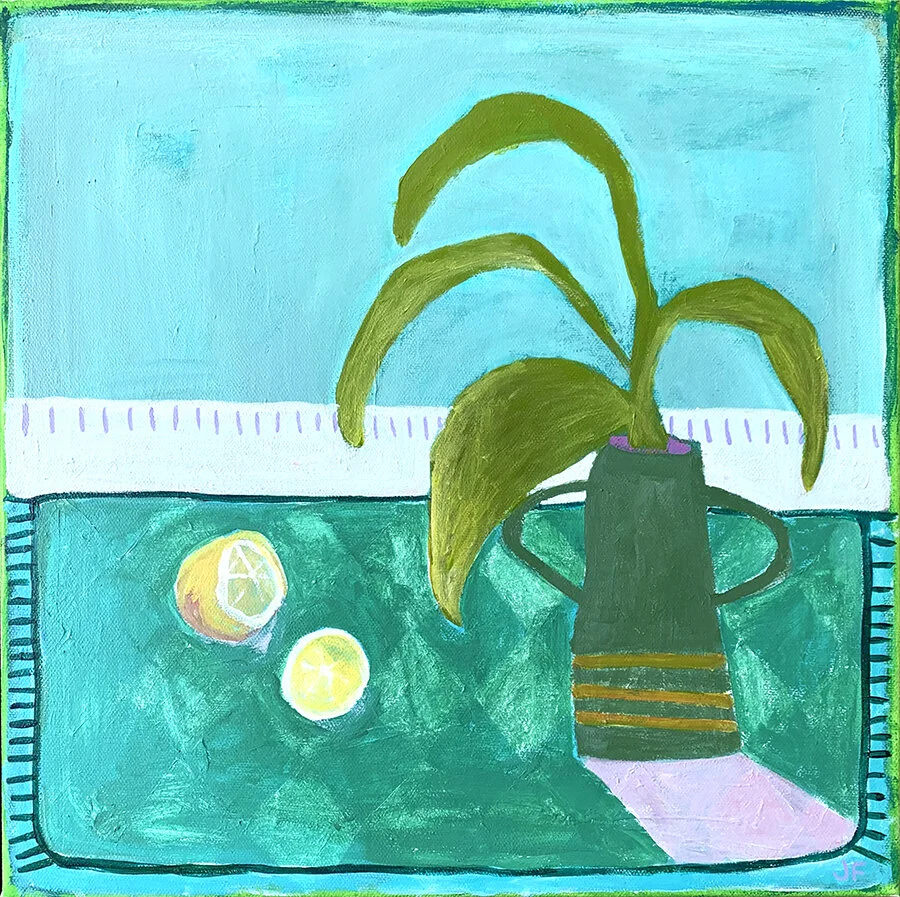 Abstract painting of plant in vase with lemons