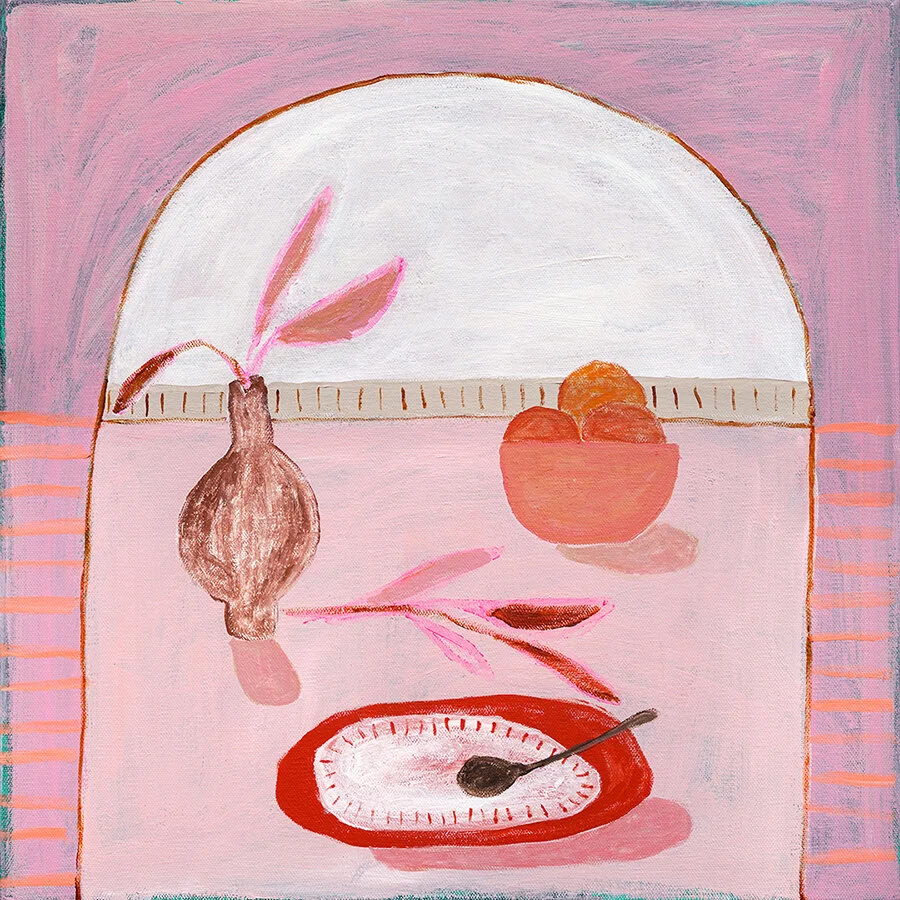Abstract still life painting featuring a vase with leaves, a bowl of oranges, and a red dish with a spoon on a pink background.