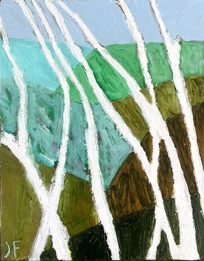 Abstract painting of a forest scene with white tree trunks, green foliage, brown ground, and a pale blue sky.
