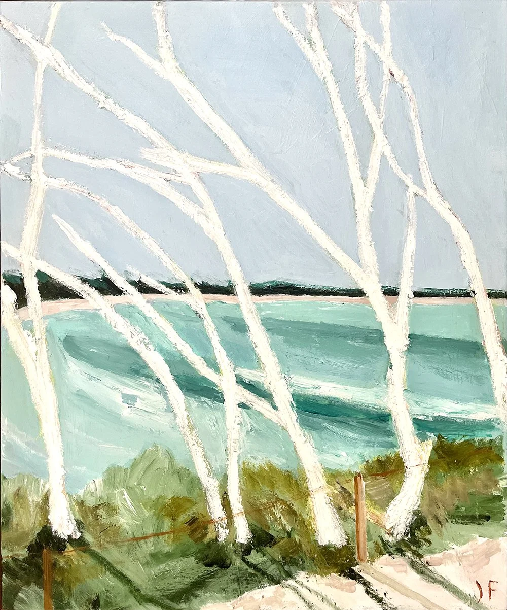 Painting of a landscape with white trees, a green body of water, and blue sky, in an impressionistic style.