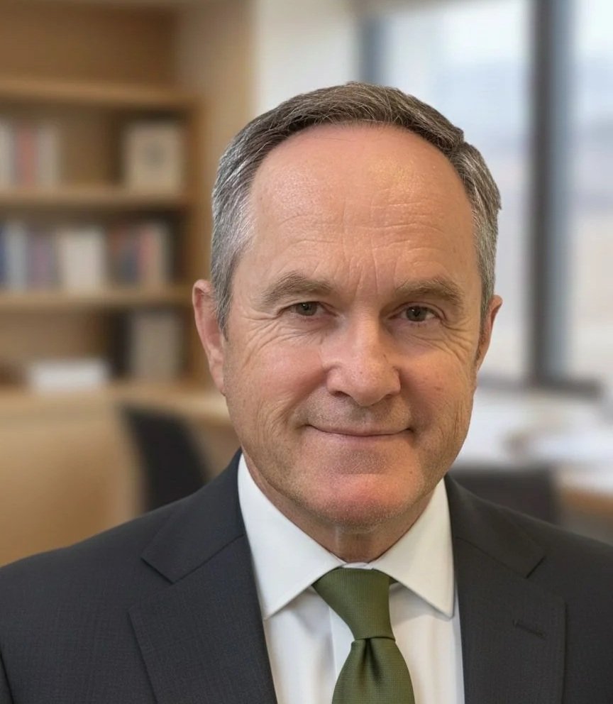 Professional headshot of a smiling man with brown hair, wearing a dark suit, light blue shirt, and patterned tie, against a blurred blue background.