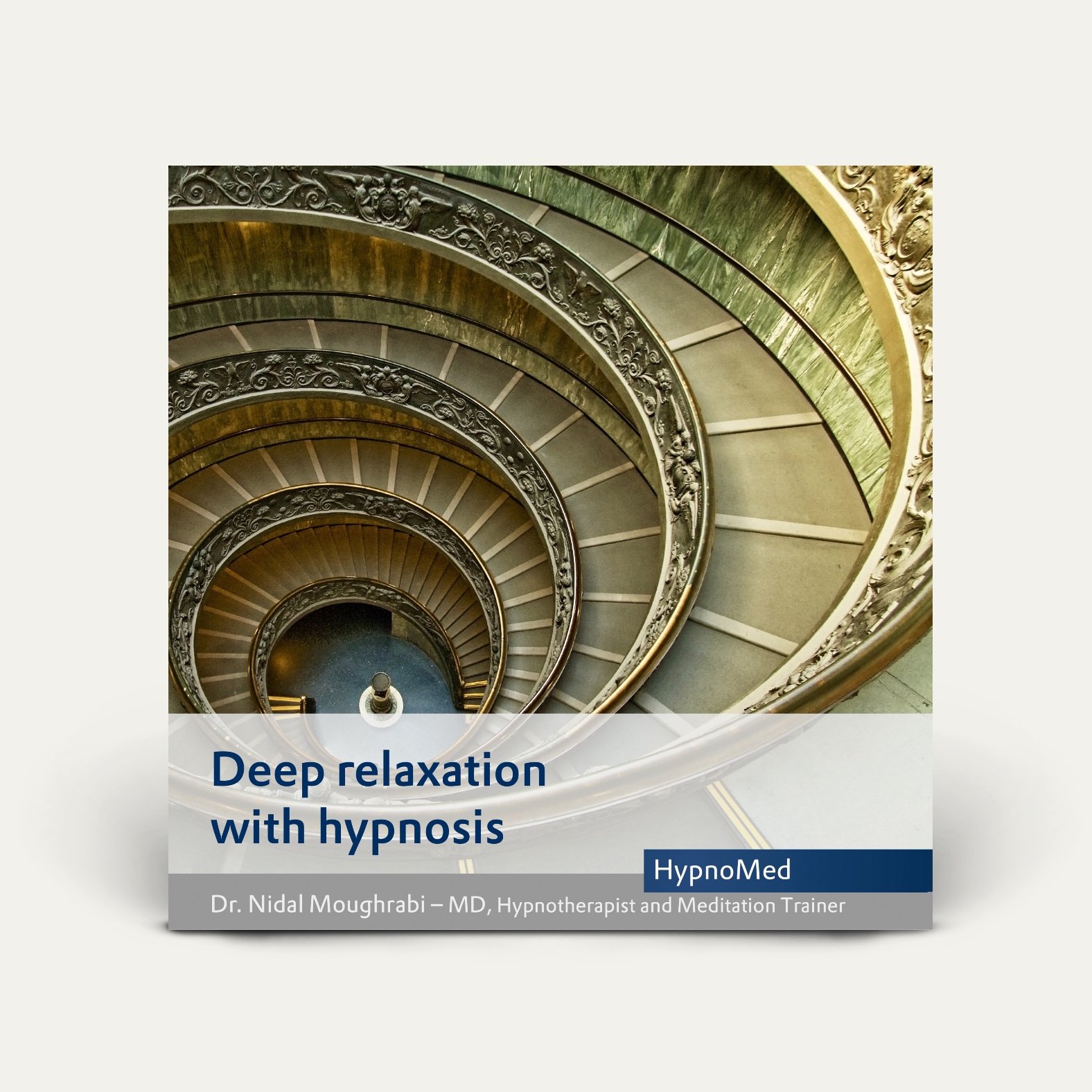Audiobook cover, relaxation with hypnosis, shows a spiral staircase, brown color
