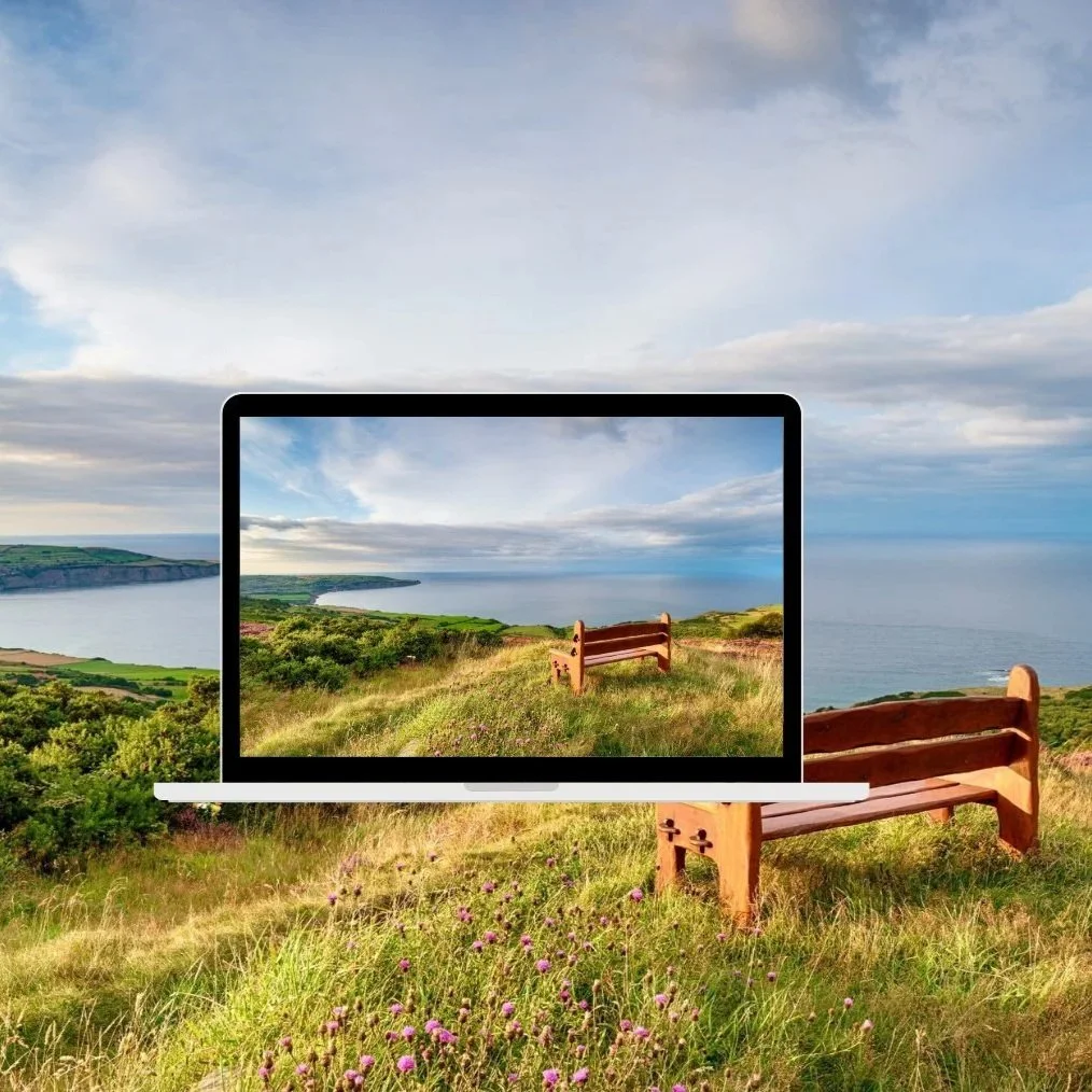Ein Bild mit einem Laptop, der eine Panoramaaufnahme einer Küstenlandschaft zeigt, in einer offenen Wiesenlandschaft mit Bänken und Blick auf das Meer.