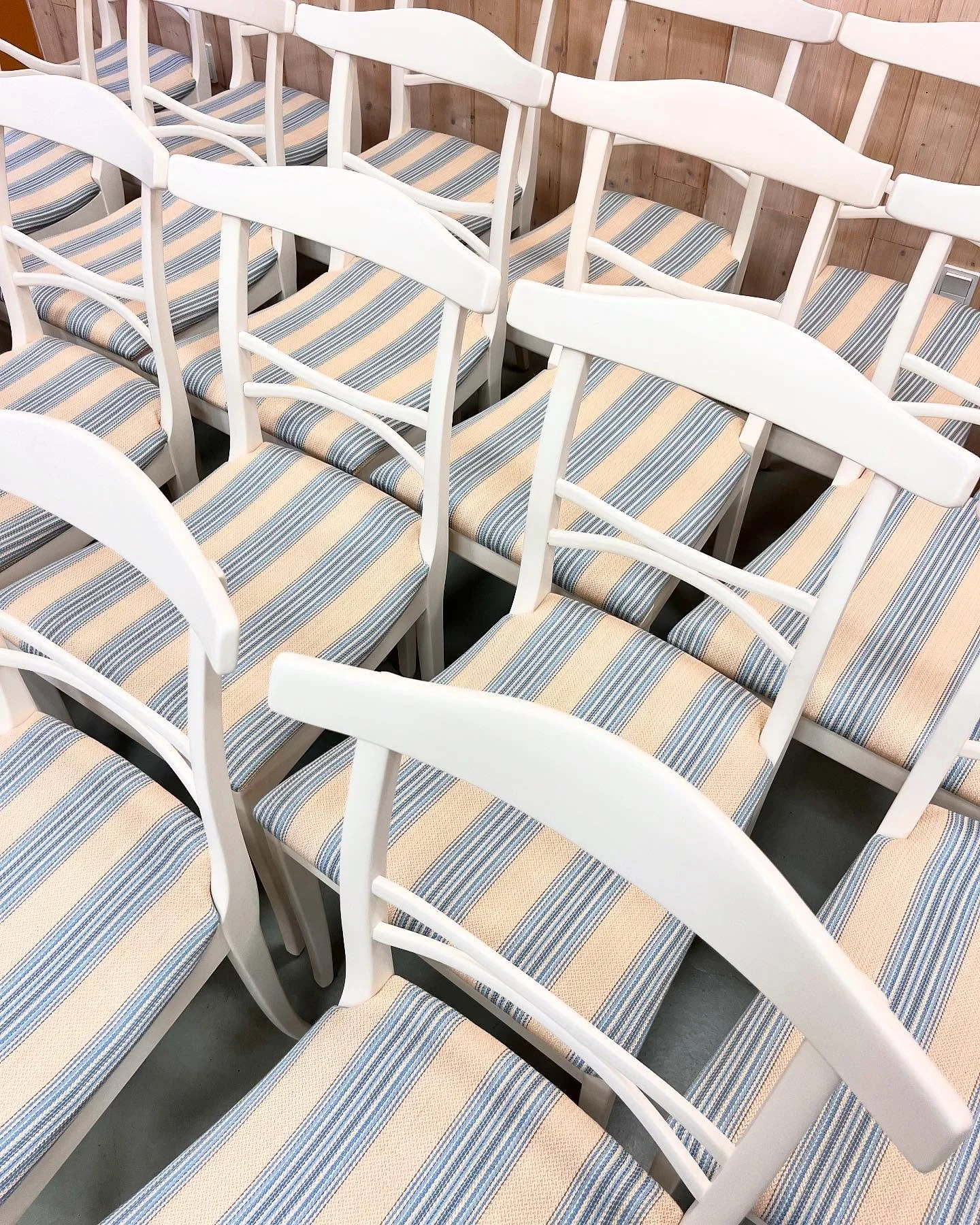 Carl Malmsten spisestole. 19 styk!

Nymalede og ompolstrede med det originale stof!

En dejlig opgave landede tidligere i &aring;r. 
Jeg blev kontakte af et s&oslash;dt par &ldquo;over fra&rdquo;, som insisterede p&aring; at jeg skulle tage mig k&ael