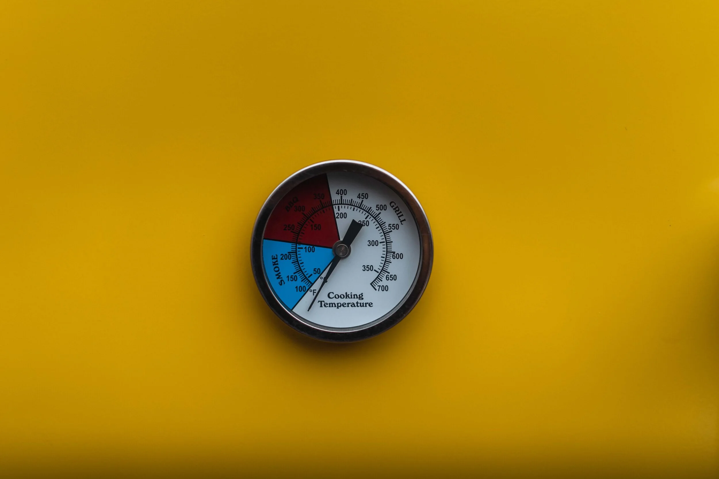 Round cooking temperature gauge on a yellow background showing smoke, BBQ, and grill zones.