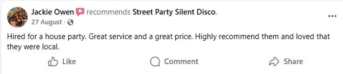 A Facebook post recommending Street Party Silent Disco, praising the service, price, and local experience.