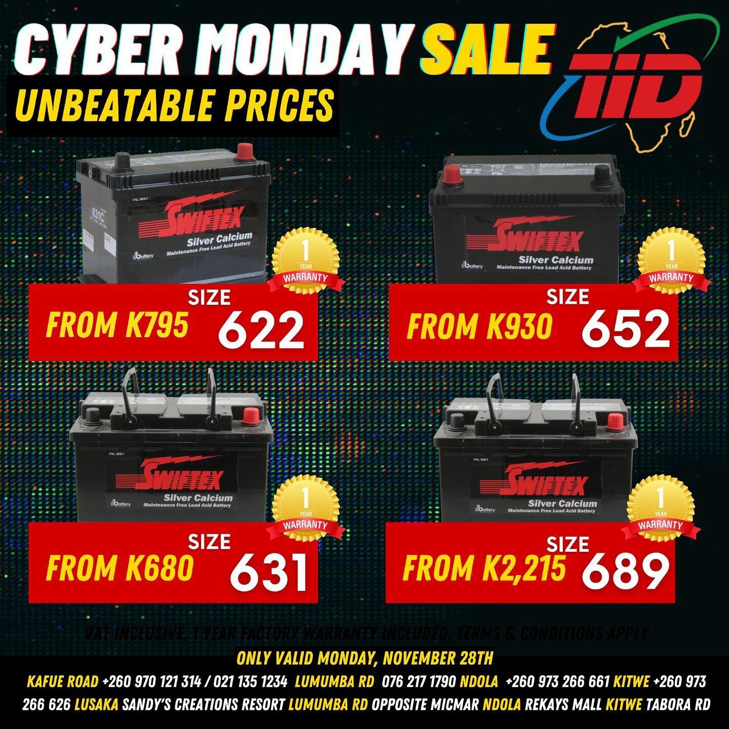 Black Friday Continues! Don&rsquo;t miss out on our CYBER MONDAY SALE! Valid ONLY TODAY MONDAY 28th! Hurry while stocks last, UNBEATABLE prices. 

Kafue Road/Sandy&rsquo;s Creations Resort +260970121314 / +260211351234
Lumumba Road 0762171790
Ndola +