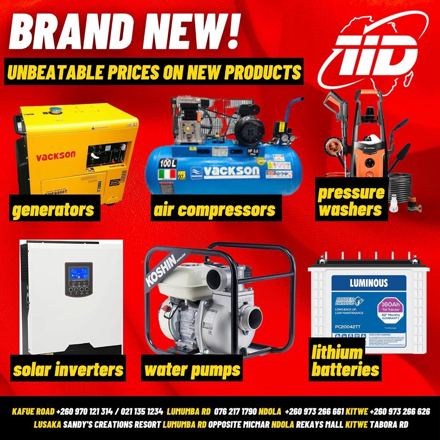 BRAND NEW!! Generators, air compressors, pressure washers, solar inverters, water pumps, lithium batteries and more! As always, UNBEATABLE prices #TRADEBRANDSZAMBIA