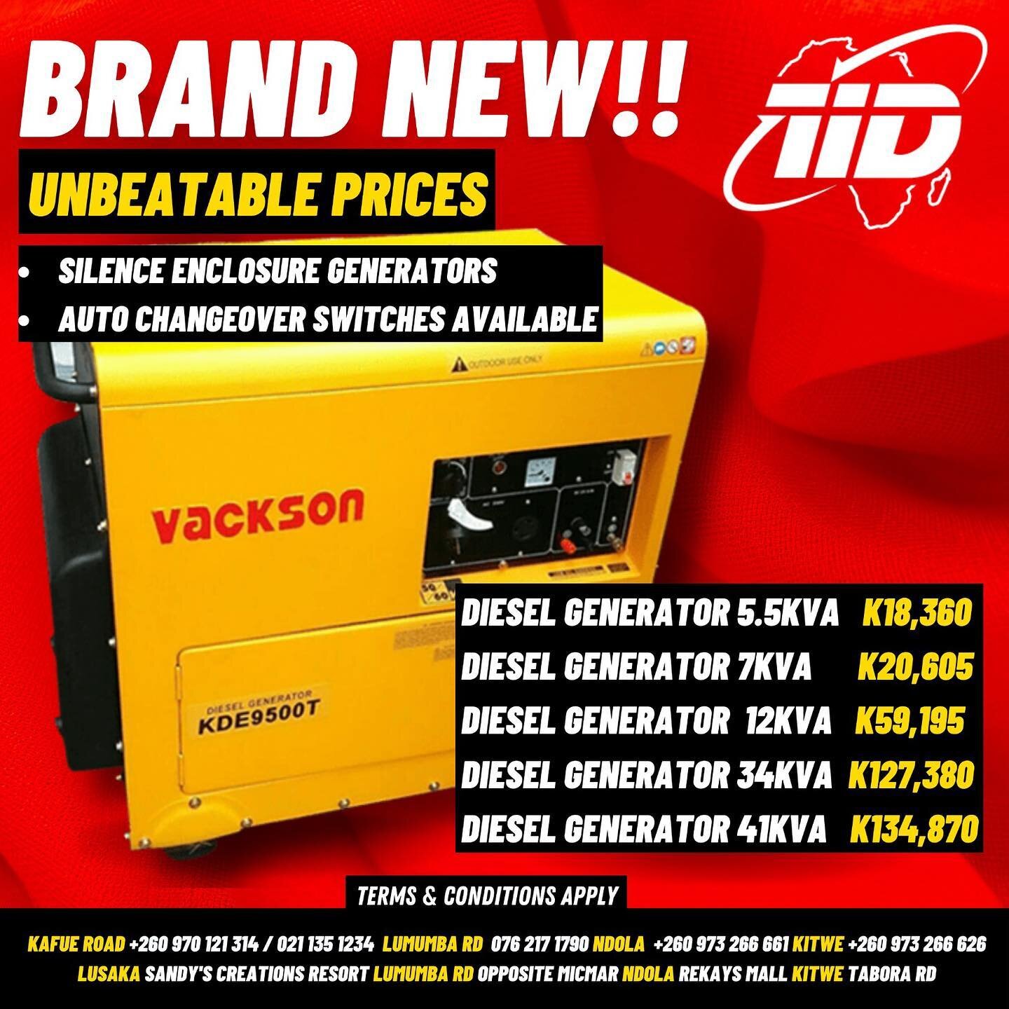 Brand new to TRADEBRANDS ZAMBIA! Generators at unbeatable prices! Call us now to purchase / enquire 

Kafue Road/Sandy&rsquo;s Creations Resort +260970121314 / +260211351234
Lumumba Road 0762171790
Ndola +260973266661
Kitwe +26097326662
