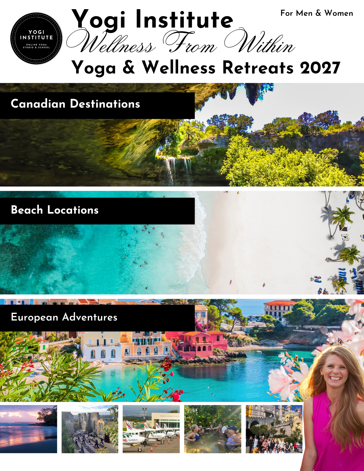 A promotional collage featuring various travel destinations and activities, including a scenic waterfall in Canada, a beach scene, and European landmarks, with text promoting yoga retreats and wellness vacations.