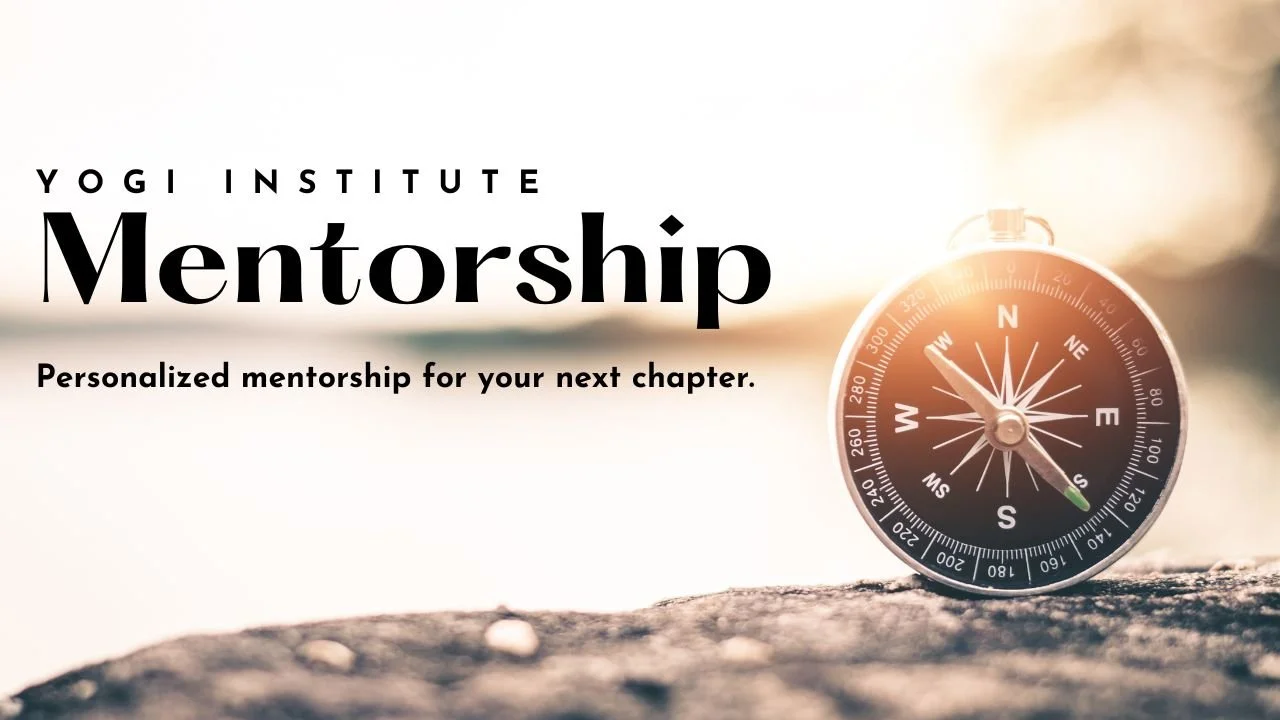 A compass resting on a rock with the sun shining in the background, promoting a mentorship program at Yogi Institute.