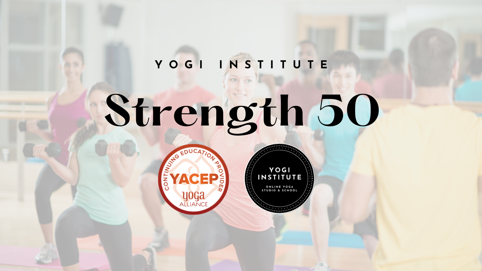 Group of people participating in a yoga class, holding small dumbbells, in a fitness studio with mirrors and wooden bars, during a Strength 50 course at Yogi Institute.