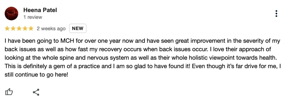 Five-star Google review from a patient sharing improvement in back pain and holistic chiropractic care at MCH Chiropractic in Matthews NC