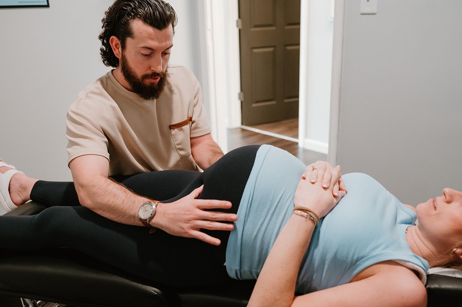 Pregnancy chiropractor in Matthews NC providing prenatal chiropractic care to support pelvic balance and comfort during pregnancy.