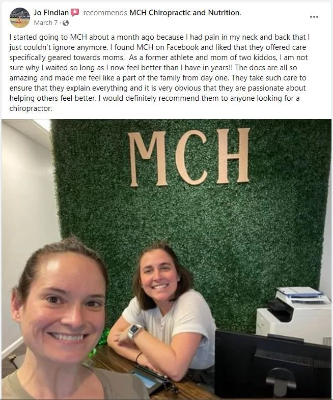 Smiling patient and team member at MCH Chiropractic and Nutrition in Matthews NC, representing a positive chiropractic care experience