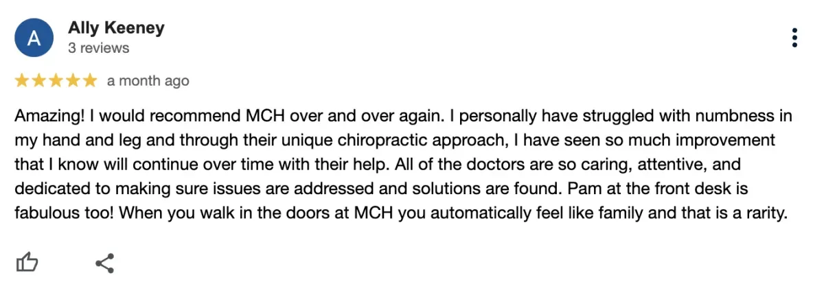 Five-star Google review from a patient describing improvement in numbness and a positive chiropractic experience at MCH Chiropractic in Matthews NC
