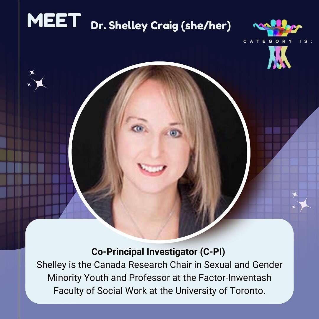 Meet Shelley, our Co-Principal Investigator! 🌈

Shelley is the Canada Research Chair in Sexual and Gender Minority Youth and Professor at the Factor-Inwentash Faculty of Social Work at the University of Toronto.