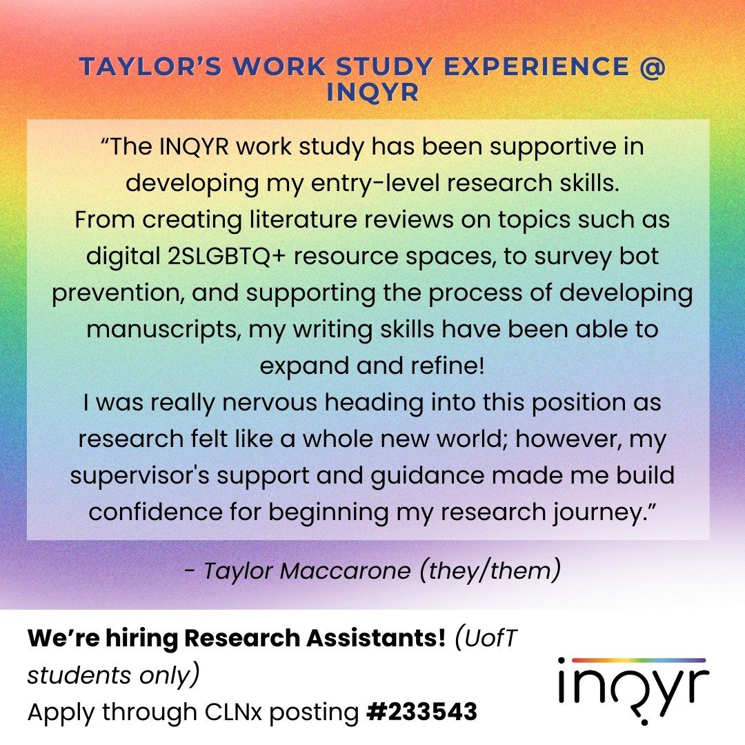 Our Research Assistants gain many skills while in their work-study positions at INQYR. Taylor Maccarone (they/them), a current Research Assistant, shares the skills and knowledge they've developed since starting with us! 

We're hiring up to four (4)