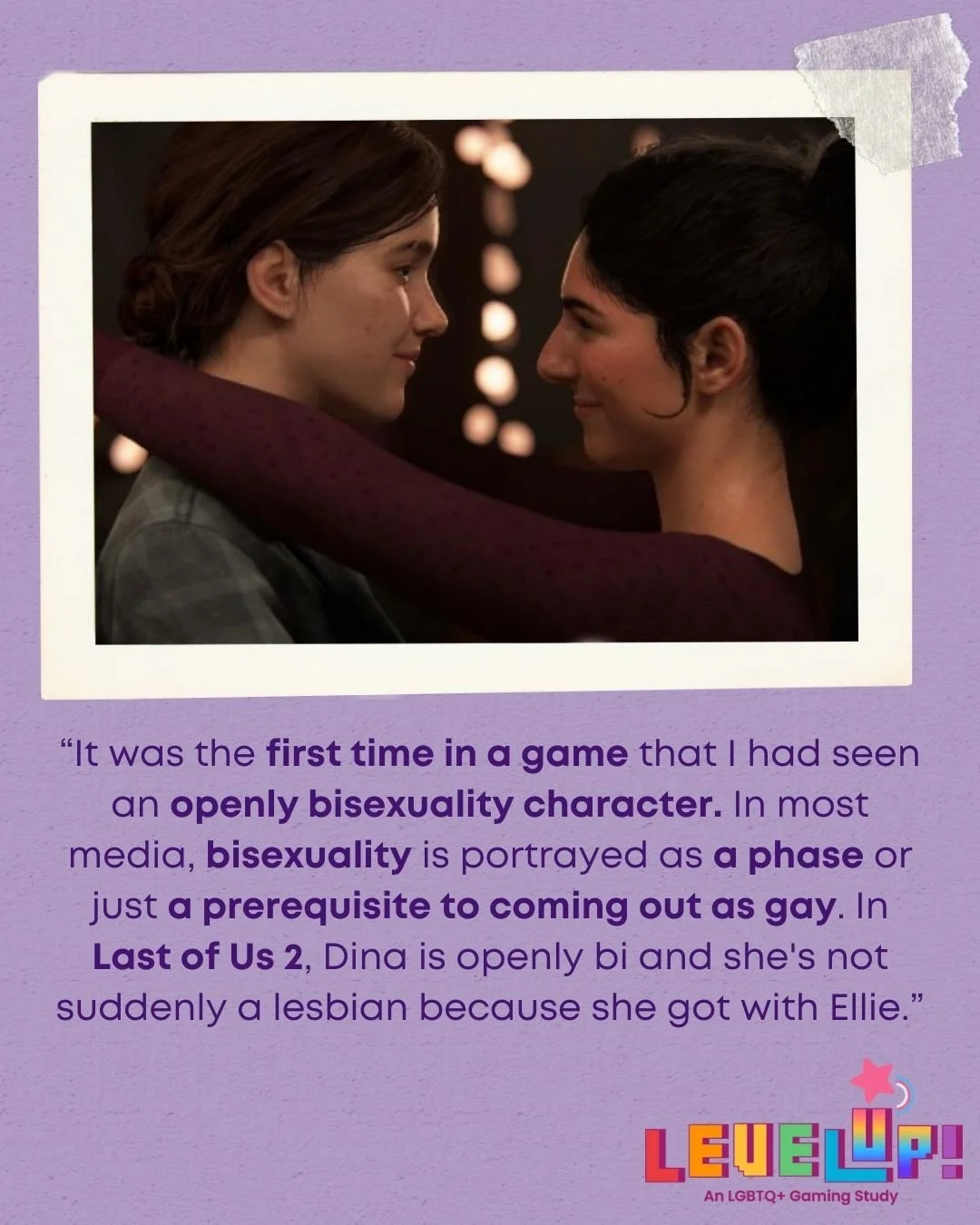 💜💙🩷 Bisexual Awareness Week 💜💙🩷

Participants in our video gaming study, LEVEL UP! 🎮, taught us that representation matters. Too often, bisexuality is erased or framed as a &ldquo;phase.&quot; For this participant, the portrayal of Dina in The