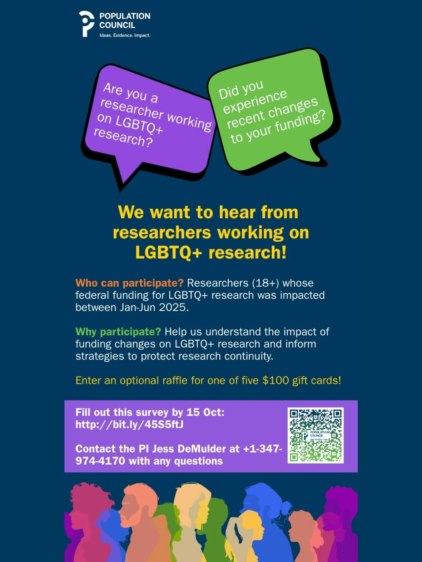 Are you a researcher working on LGBTQ+ research? Did you experience recent changes to your funding?
Colleagues at the Population Council are doing a study to better understand the experiences of LGBTQ+ researchers whose funding was paused or cut earl