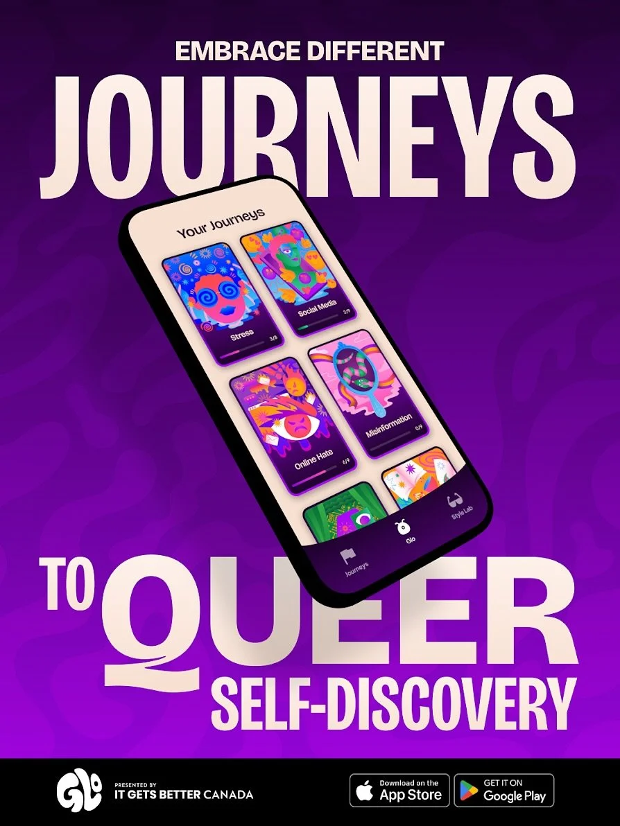 Exciting news! 🌈✨
It Gets Better Canada has launched a new app in support of 2SLGBTQI+ youth with our very own Shelley Craig acting as key lead on the app’s curriculum development.
What is GLO?
Developed by Montreal firm REF Digital, GLO is