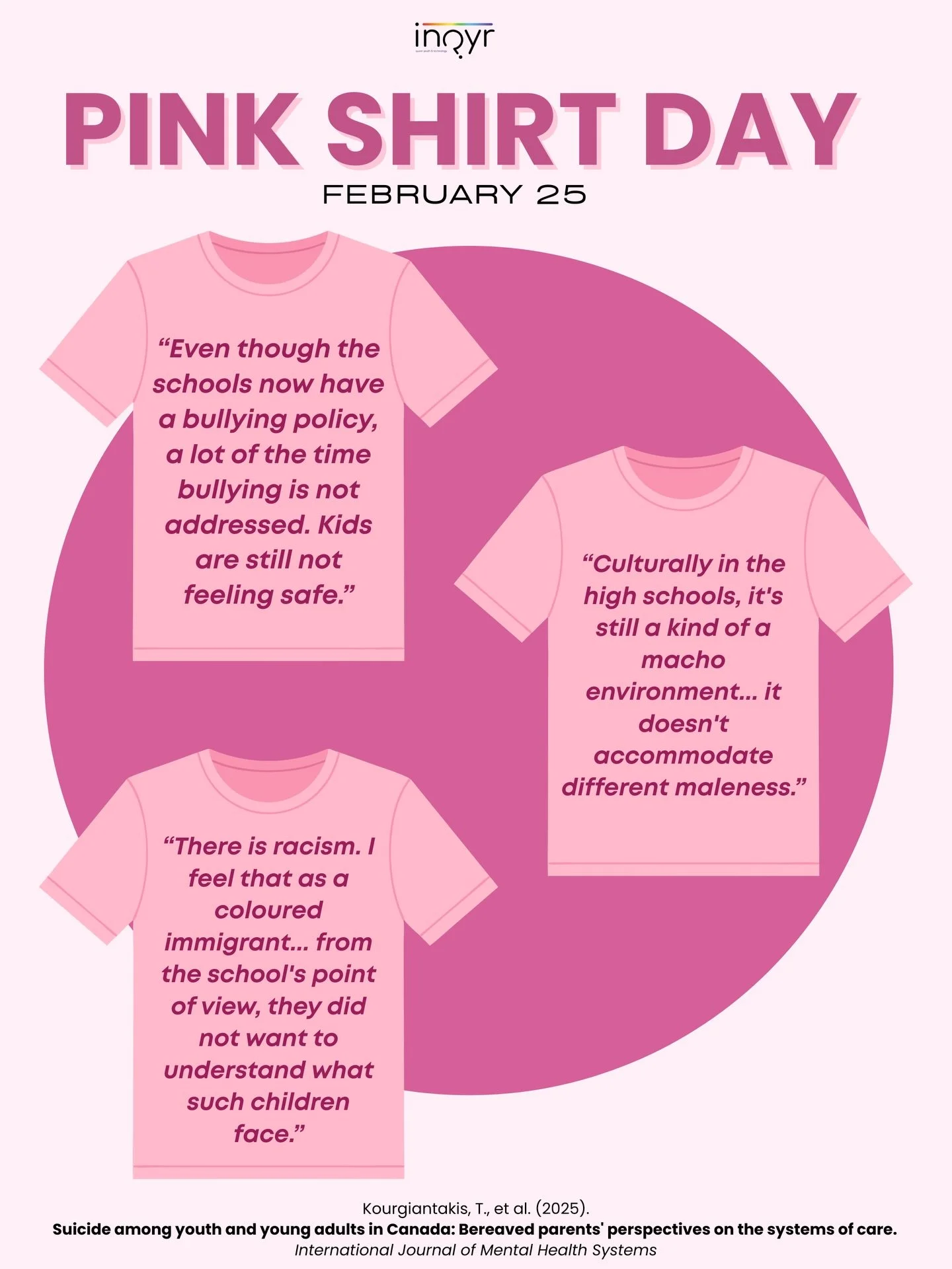 🩷 February 25th is Pink Shirt Day 🩷

Pink Shirt Day began in 2007 when two Nova Scotia students stood up for a classmate who was bullied for wearing a pink shirt. It has since sparked a global movement and acts as an annual reminder to stand up aga