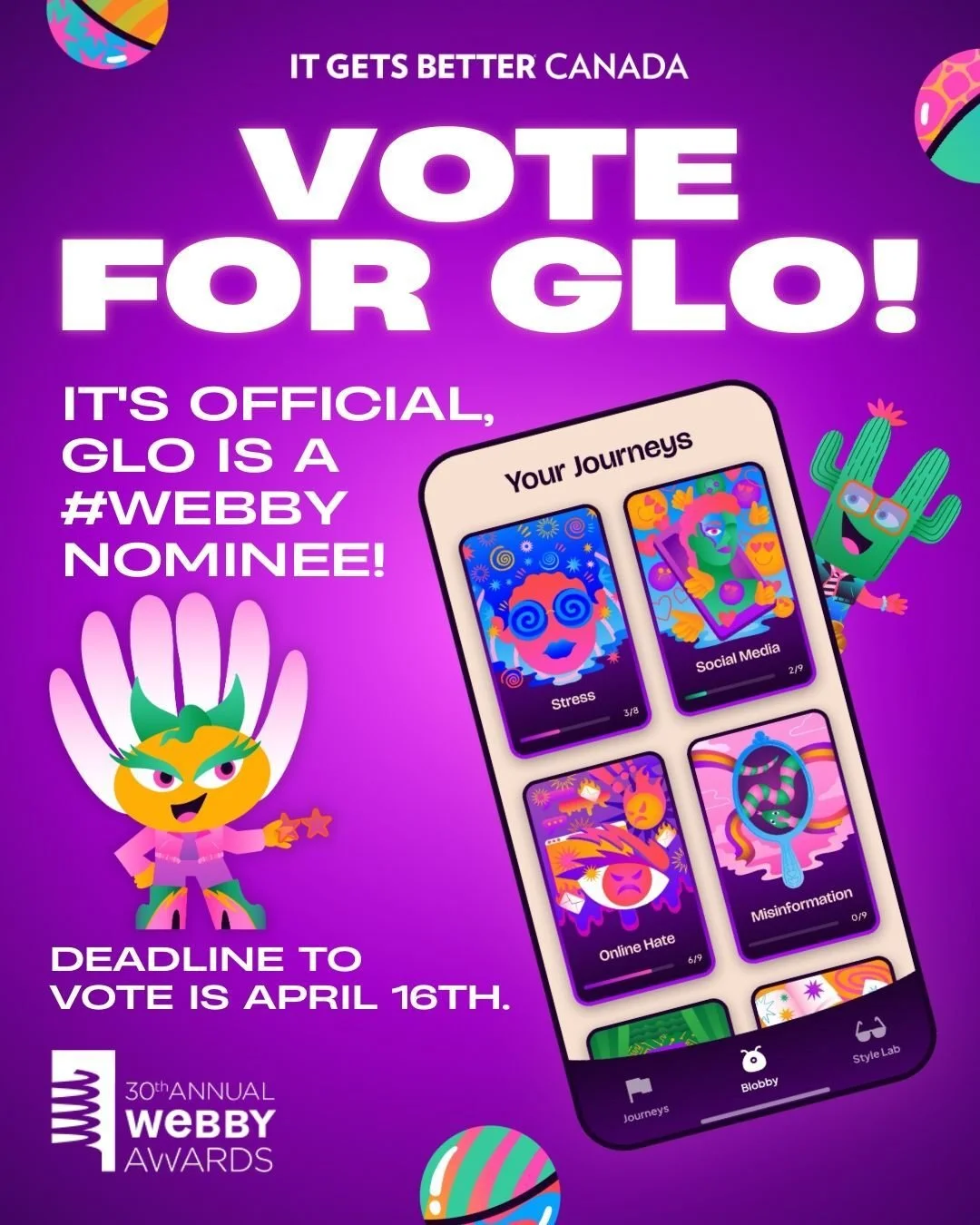 We need your vote!

The GLO app, featuring mental health content by INQYR&rsquo;s own Shelley Craig, is nominated for a Webby Award&mdash;and it&rsquo;s in the running for the People&rsquo;s Voice Award!

GLO supports 2SLGBTQ+ youth with accessible, 