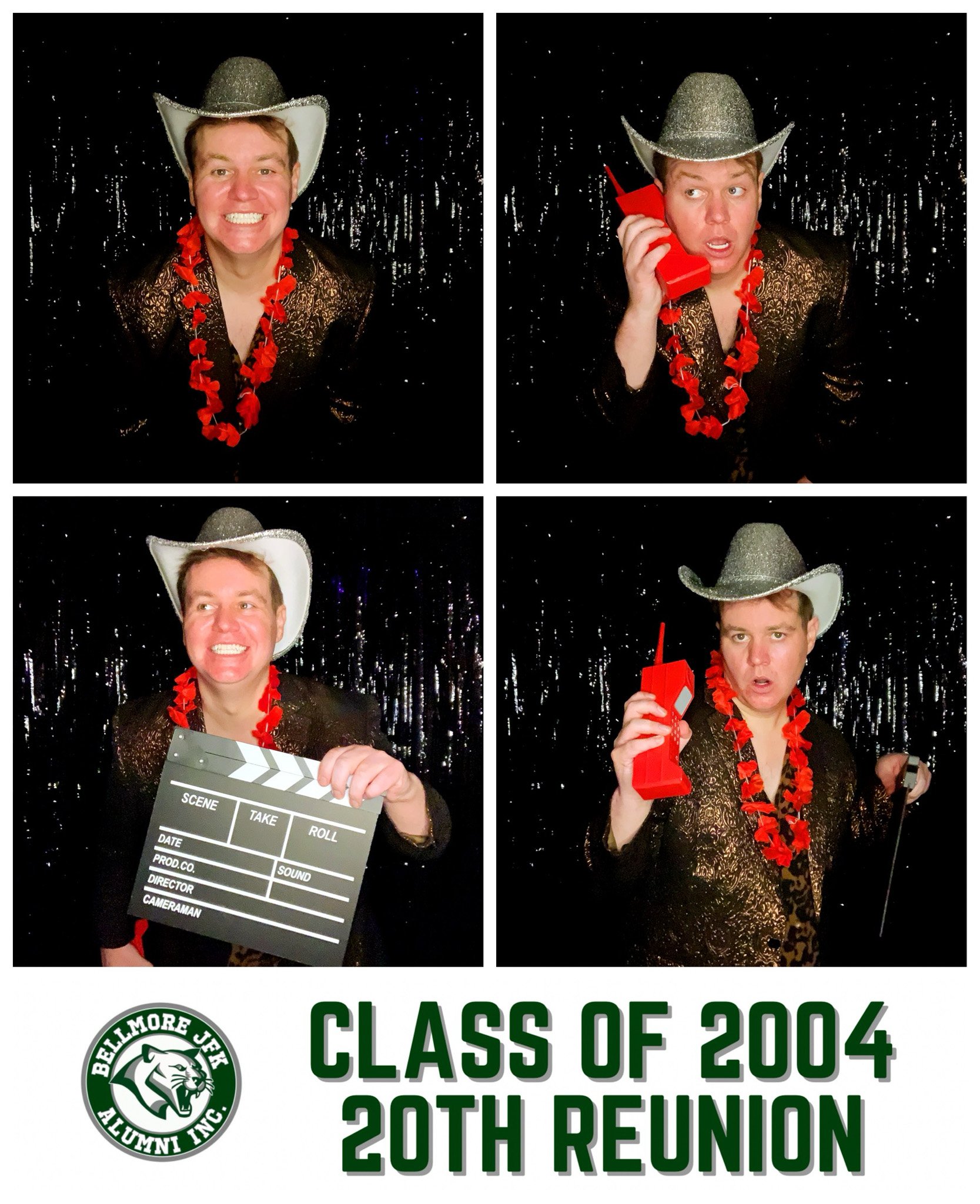 Collage of a person at a reunion event wearing a sparkly cowboy hat, red lei, and holding a vintage phone and clapperboard. Text reads 'Bellmore JFK Alumni Inc. Class of 2004 20th Reunion.'