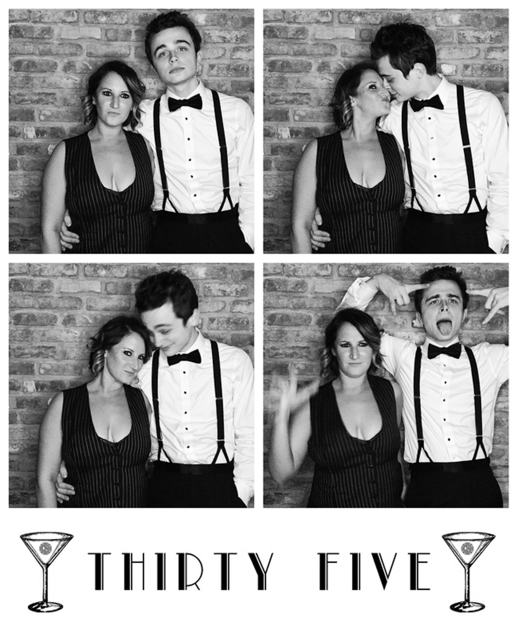 Black and white photo booth strip of two people posing playfully against a brick wall. They wear formal attire with suspenders and a vest. The text 'Thirty Five' with cocktail glass illustrations is at the bottom.